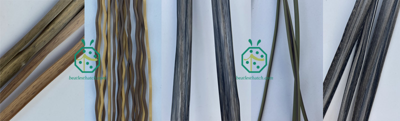 Diversi tipi di strisce di rattan in plastica utilizzate per la tessitura di pannelli per tetti in paglia di plastica