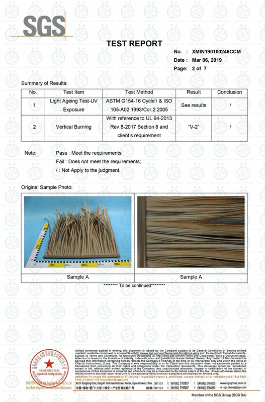 Tetto in paglia di paglia sintetica ignifuga e rapporto di prova sull'esposizione ai raggi UV secondo UL 94-2013