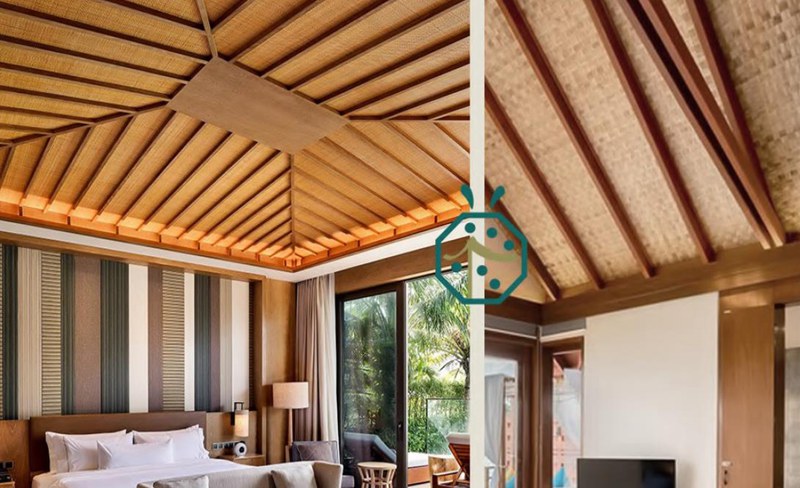 Materiali sintetici per soffitti in bambù intrecciato per soffitti e decorazioni murali di hotel sulla spiaggia