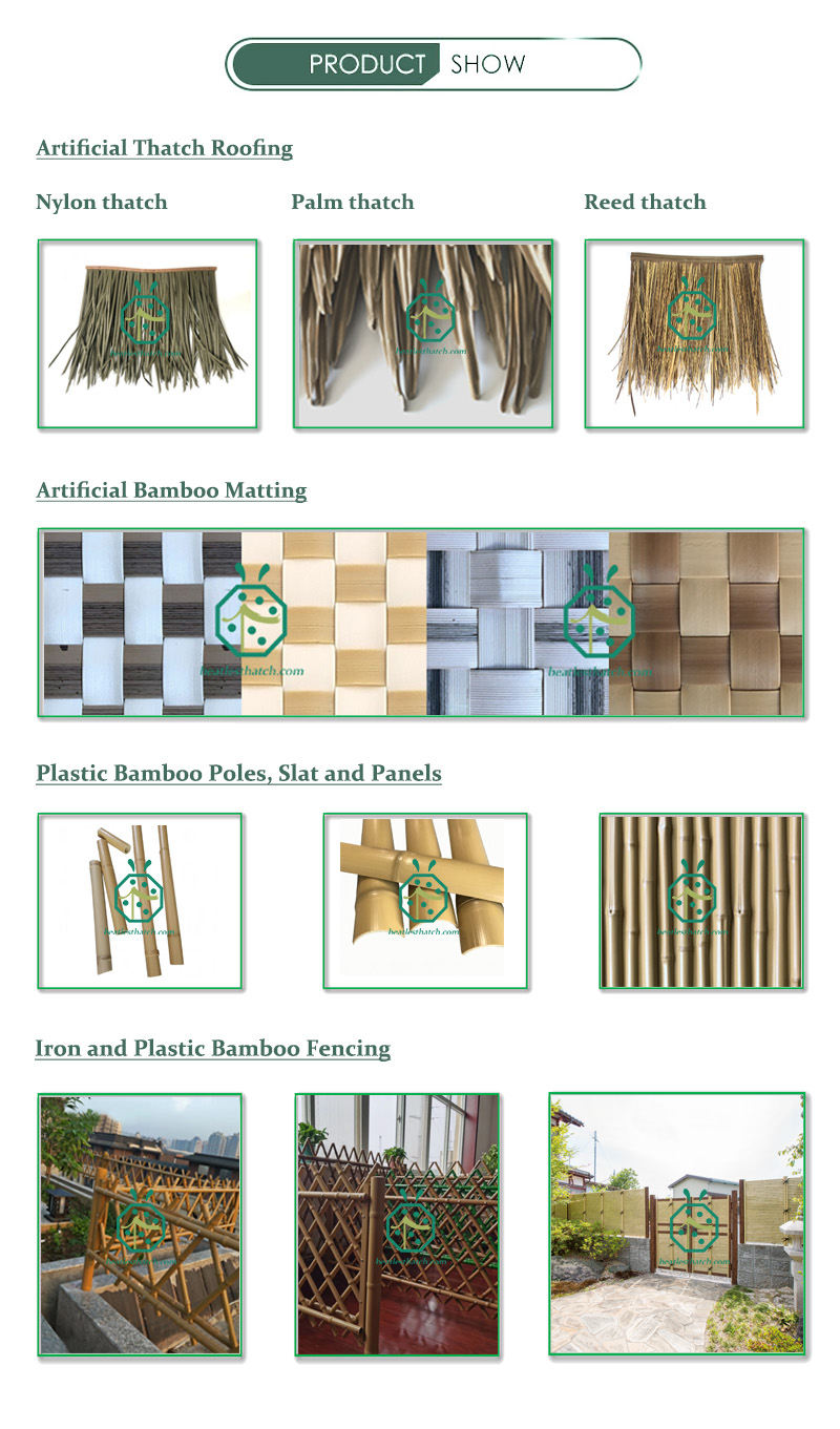 Vendita all'ingrosso di pali di bambù artificiale, stuoie di bambù di simulazione e coperture di paglia di plastica