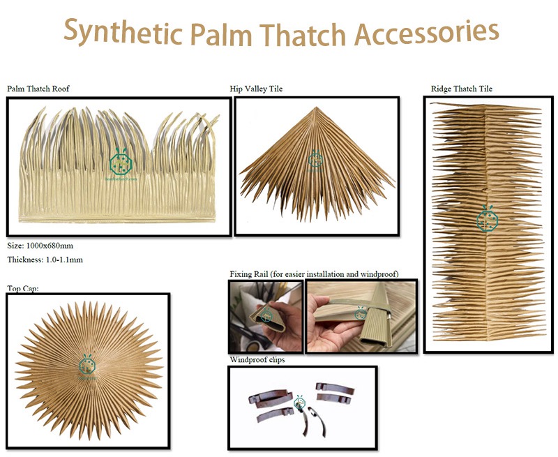 Accessori sintetici per tetti in paglia di palma di tegole di colmo, tegole di paglia a valle dell'anca, binario di fissaggio e clip antivento